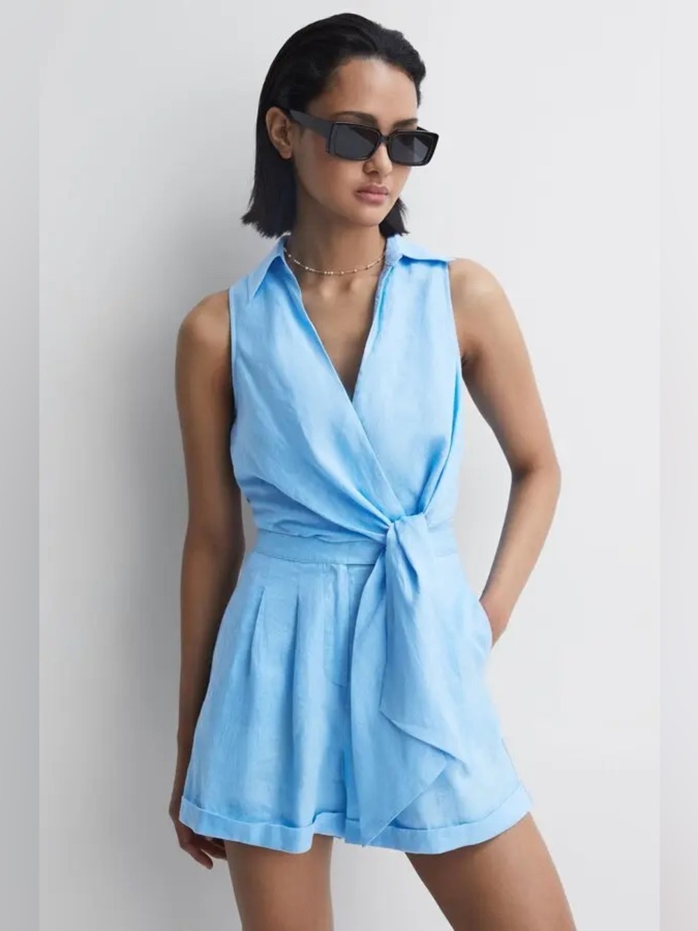 Reiss Suki Sleeveless Linen Playsuit in Blue Size 4 US